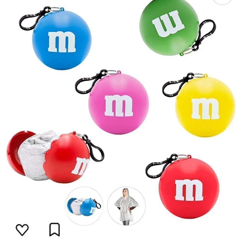 Yellow & green m & m’s candy keychain ball poncho raincoat emergency hood